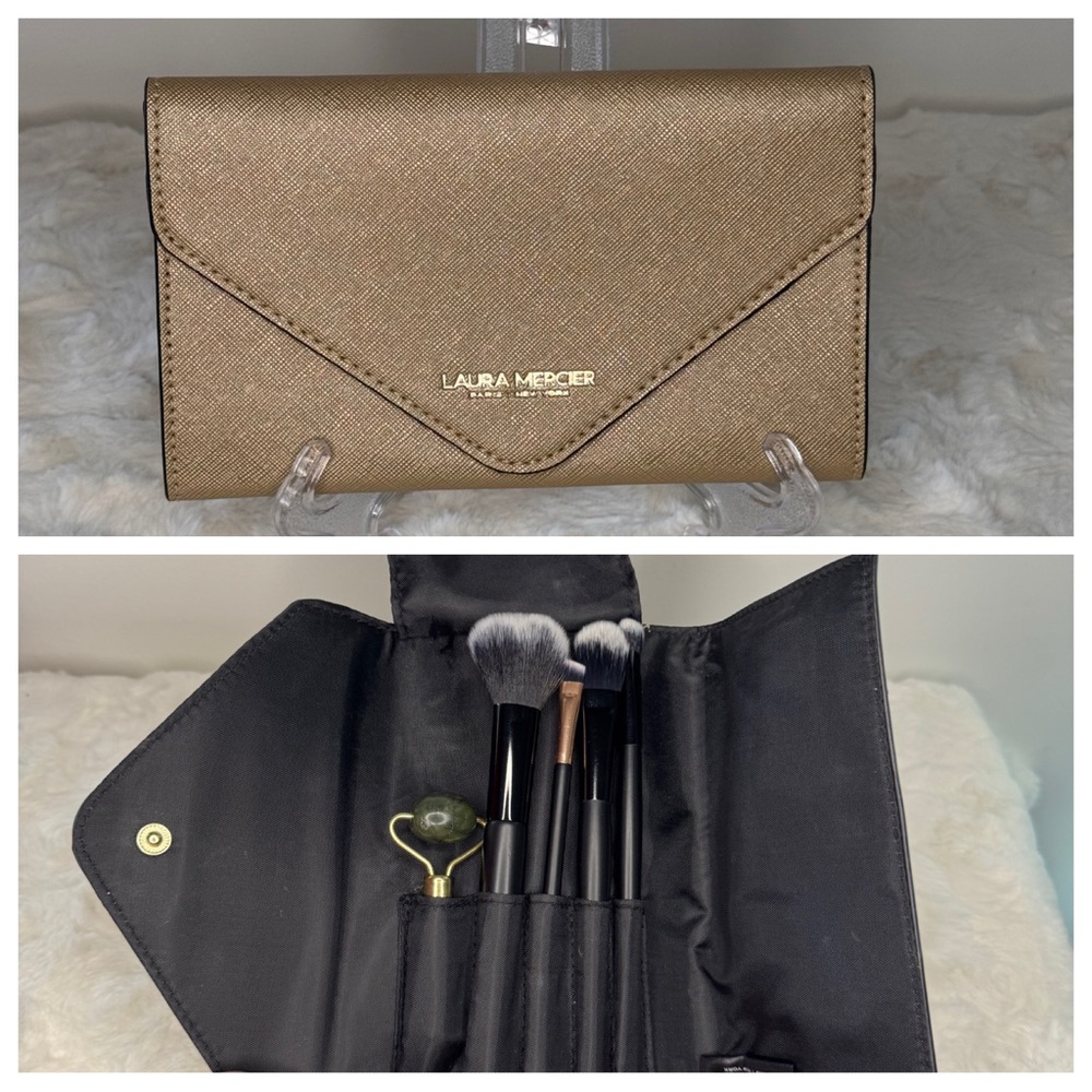 Laura Mercier Gold Envelope Makeup Brush Clutch & 4 brushes & facial roller